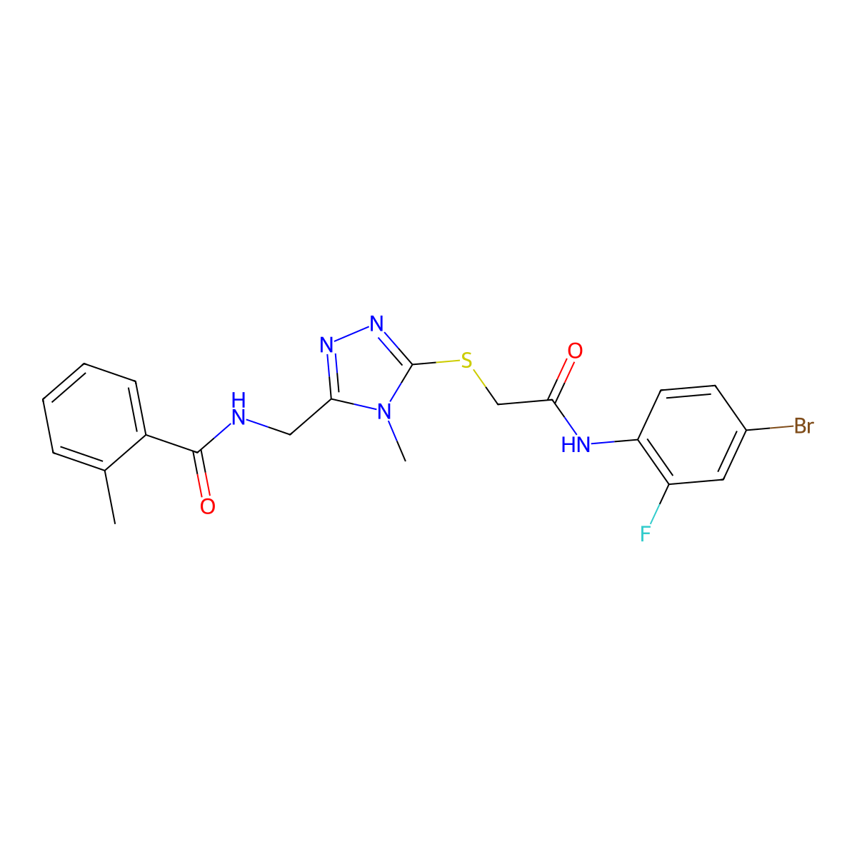 N-[[5-[2-(4-bromo-2-fluoroanilino)-2-oxoethyl]sulfanyl-4-methyl-1,2,4-triazol-3-yl]methyl]-2-methylbenzamide molecular structure, CAS 665018-15-5