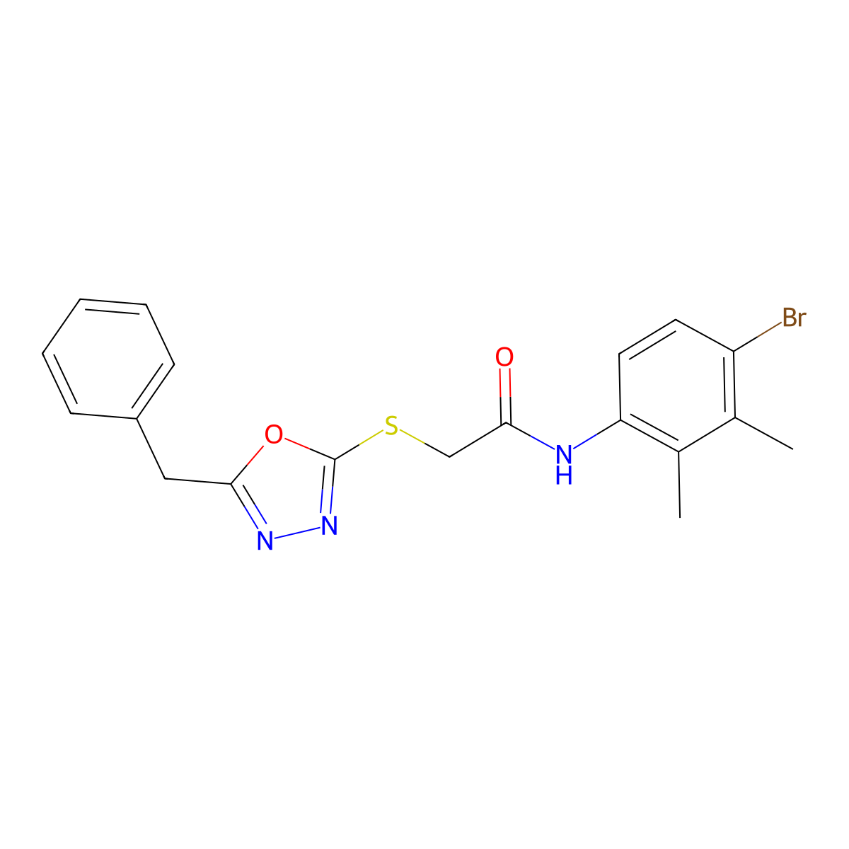 2-[(5-benzyl-1,3,4-oxadiazol-2-yl)sulfanyl]-N-(4-bromo-2,3-dimethylphenyl)acetamide molecular structure, CAS 665018-25-7