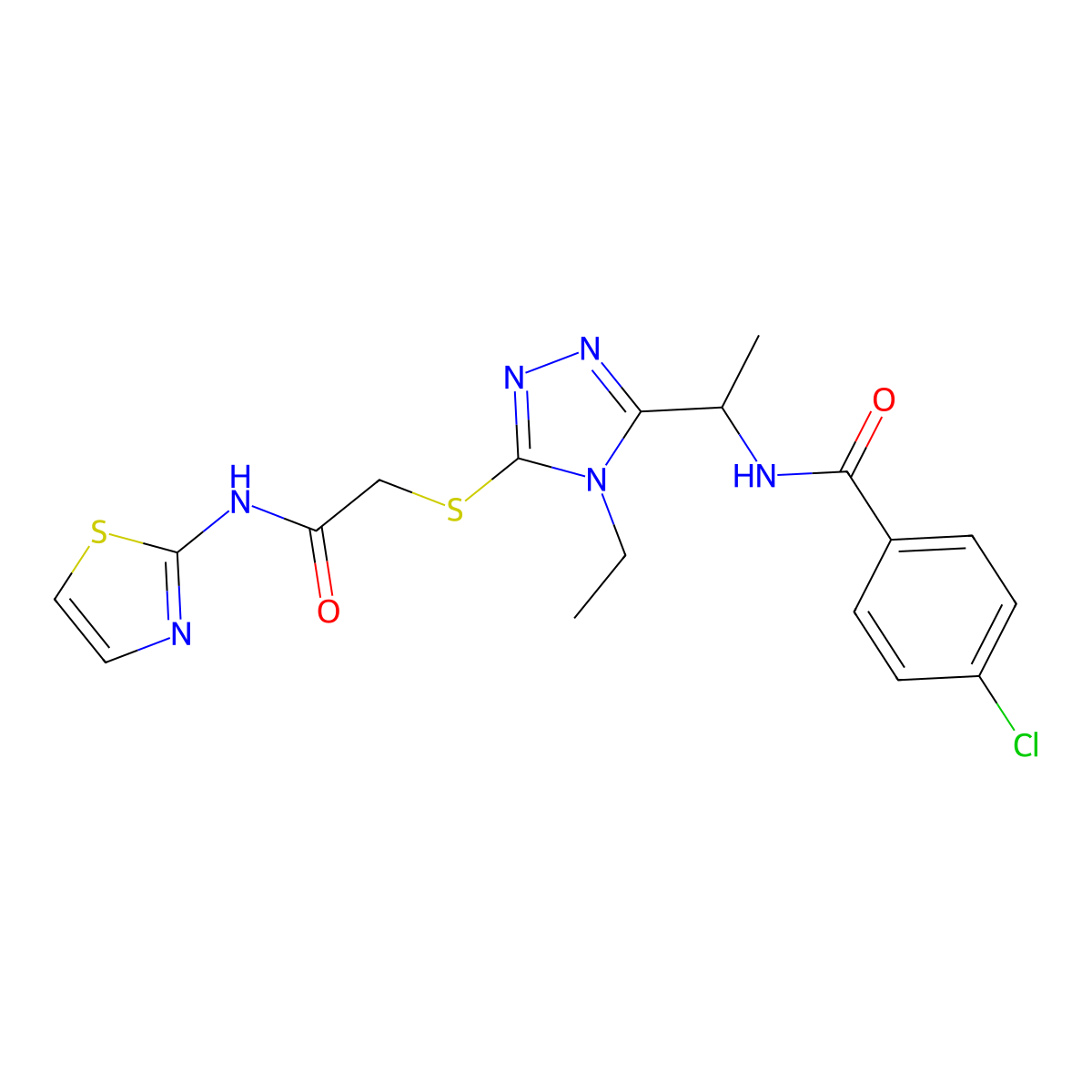 4-chloro-N-[1-(4-ethyl-5-{[2-oxo-2-(1,3-thiazol-2-ylamino)ethyl]sulfanyl}-4H-1,2,4-triazol-3-yl)ethyl]benzamide molecular structure, CAS 665018-41-7
