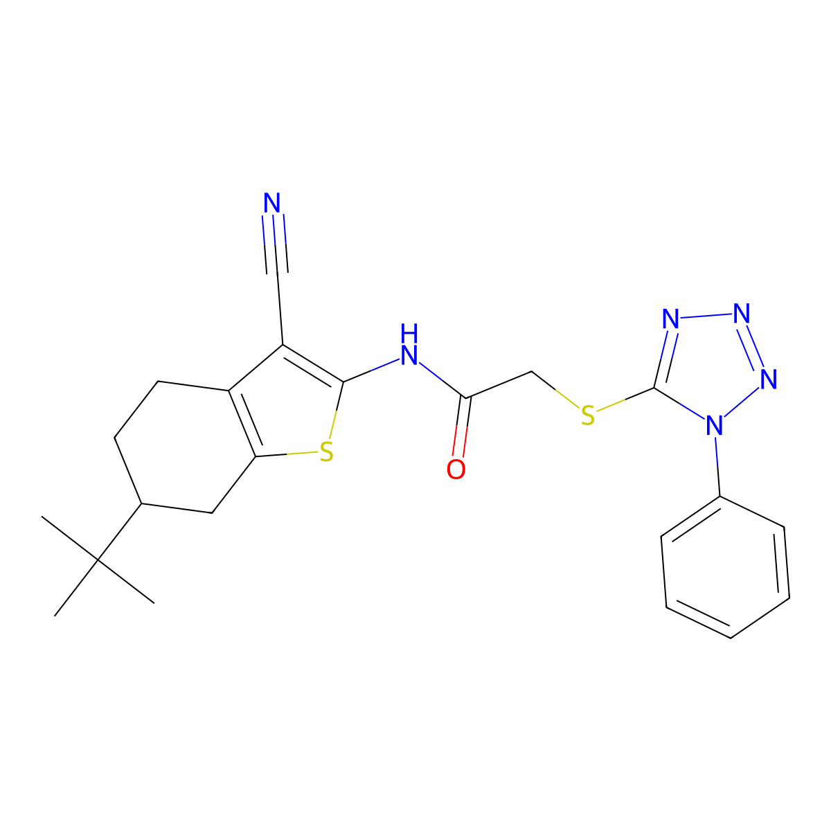 N-(6-tert-butyl-3-cyano-4,5,6,7-tetrahydro-1-benzothiophen-2-yl)-2-(1-phenyltetrazol-5-yl)sulfanylacetamide molecular structure, CAS 665024-62-4
