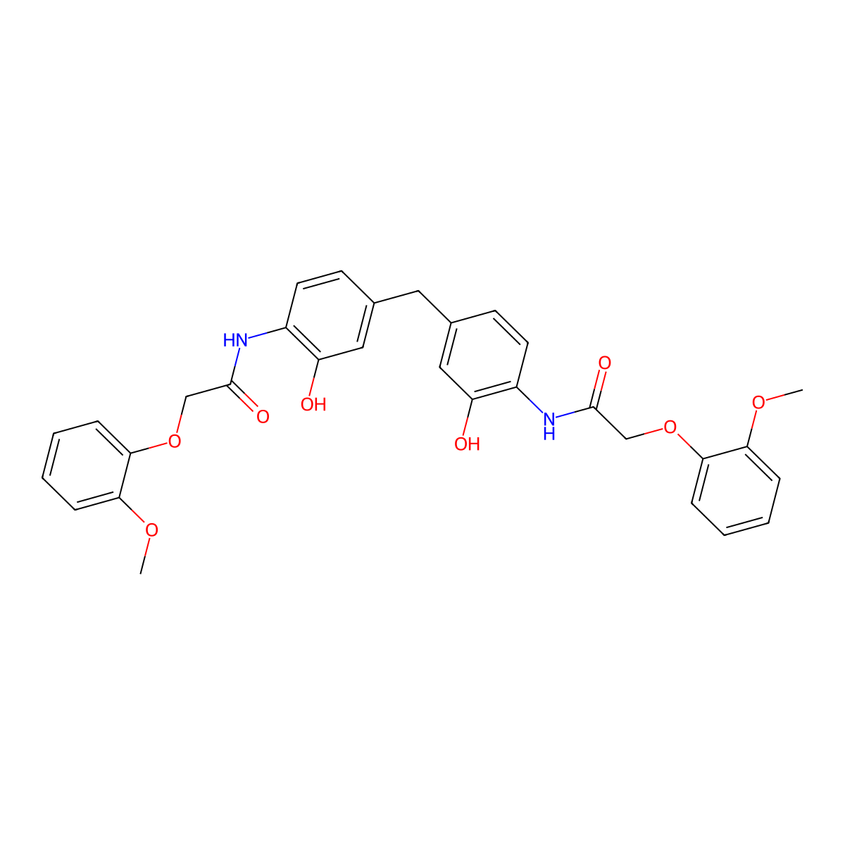 N-[2-hydroxy-4-[[3-hydroxy-4-[[2-(2-methoxyphenoxy)acetyl]amino]phenyl]methyl]phenyl]-2-(2-methoxyphenoxy)acetamide molecular structure, CAS 665025-83-2