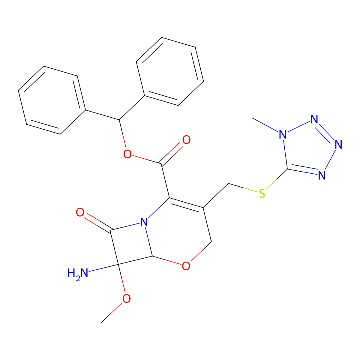 (6R,7R)-Benzhydryl 7-amino-7-methoxy-3-(((1-methyl-1H-tetrazol-5-yl)-thio)methyl)-8-oxo-5-oxa-1-azabicyclo[4.2.0]oct-2-ene-2-carboxylate molecular structure, CAS 66510-99-4