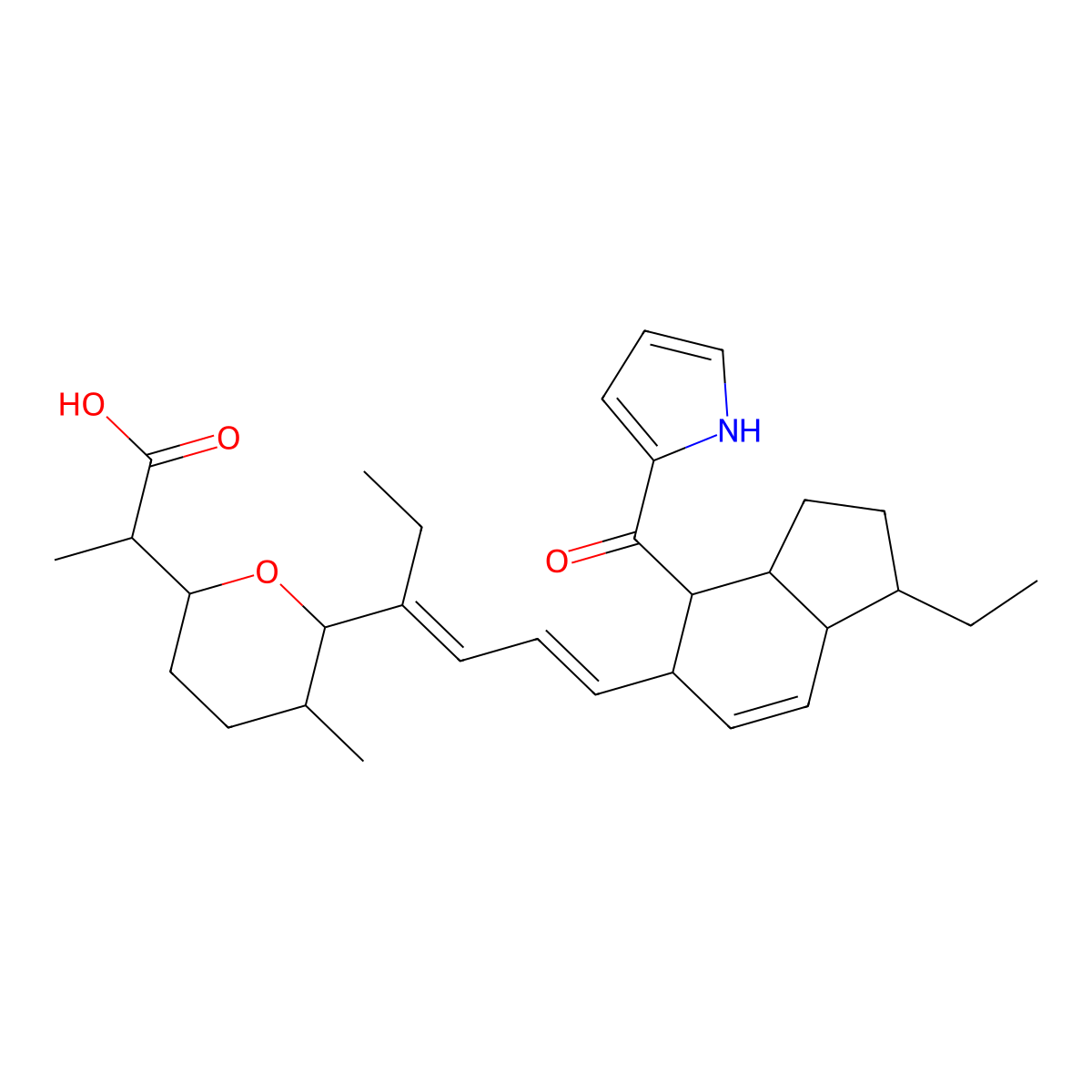 2-[6-[6-[1-ethyl-4-(1H-pyrrole-2-carbonyl)-2,3,3a,4,5,7a-hexahydro-1H-inden-5-yl]hexa-3,5-dien-3-yl]-5-methyloxan-2-yl]propanoic acid molecular structure, CAS 66513-28-8
