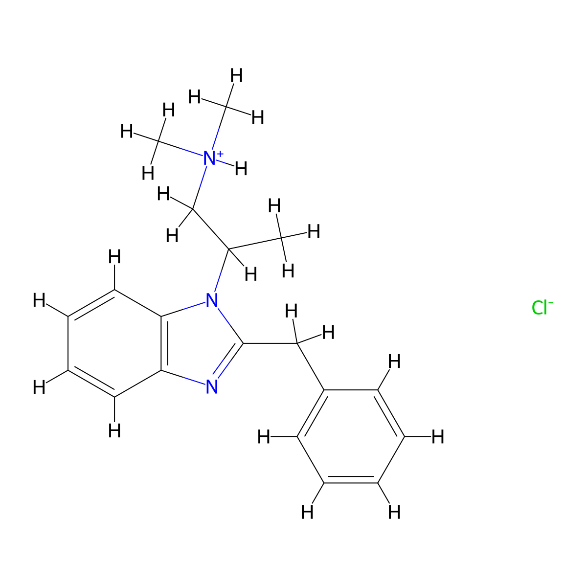 2-(2-Benzyl-1H-benzimidazol-1-yl)-N,N-dimethylpropan-1-amine--hydrogen chloride (1/1) molecular structure, CAS 6653-89-0