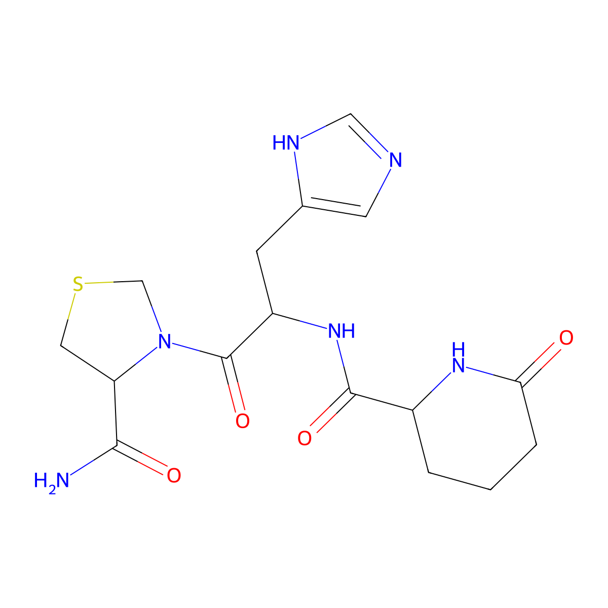 2-Piperidinecarboxamide, N-((1S)-2-((4S)-4-(aminocarbonyl)-3-thiazolidinyl)-1-(1H-imidazol-4-ylmethyl)-2-oxoethyl)-6-oxo-, (2S)- molecular structure, CAS 66537-55-1