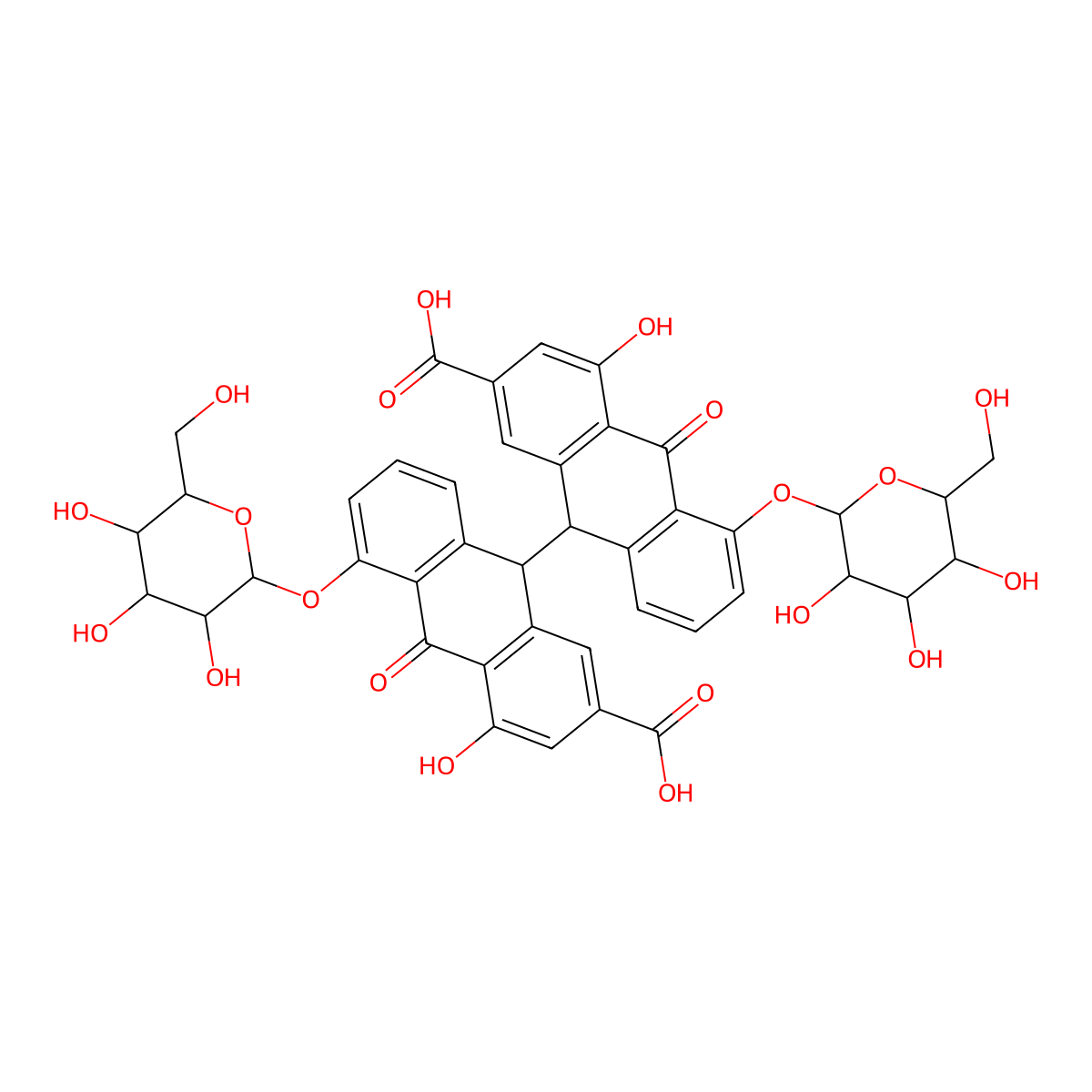 9-[2-carboxy-4-hydroxy-10-oxo-5-[(2S,3R,4S,5S,6R)-3,4,5-trihydroxy-6-(hydroxymethyl)oxan-2-yl]oxy-9H-anthracen-9-yl]-4-hydroxy-10-oxo-5-[(2S,3S,4R,5R,6S)-3,4,5-trihydroxy-6-(hydroxymethyl)oxan-2-yl]oxy-9H-anthracene-2-carboxylic acid molecular structure, CAS 66575-30-2