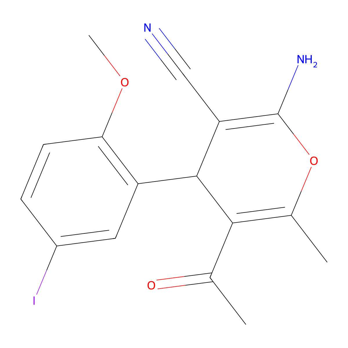 5-acetyl-2-amino-4-(5-iodo-2-methoxyphenyl)-6-methyl-4H-pyran-3-carbonitrile molecular structure, CAS 666210-31-7