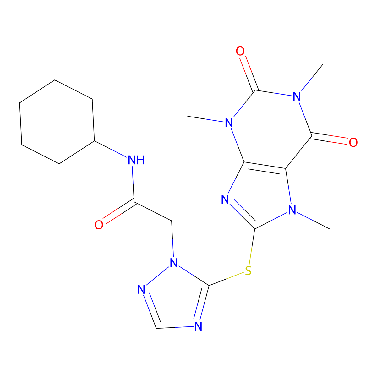 N-cyclohexyl-2-{5-[(1,3,7-trimethyl-2,6-dioxo-2,3,6,7-tetrahydro-1H-purin-8-yl)sulfanyl]-1H-1,2,4-triazol-1-yl}acetamide molecular structure, CAS 666210-49-7