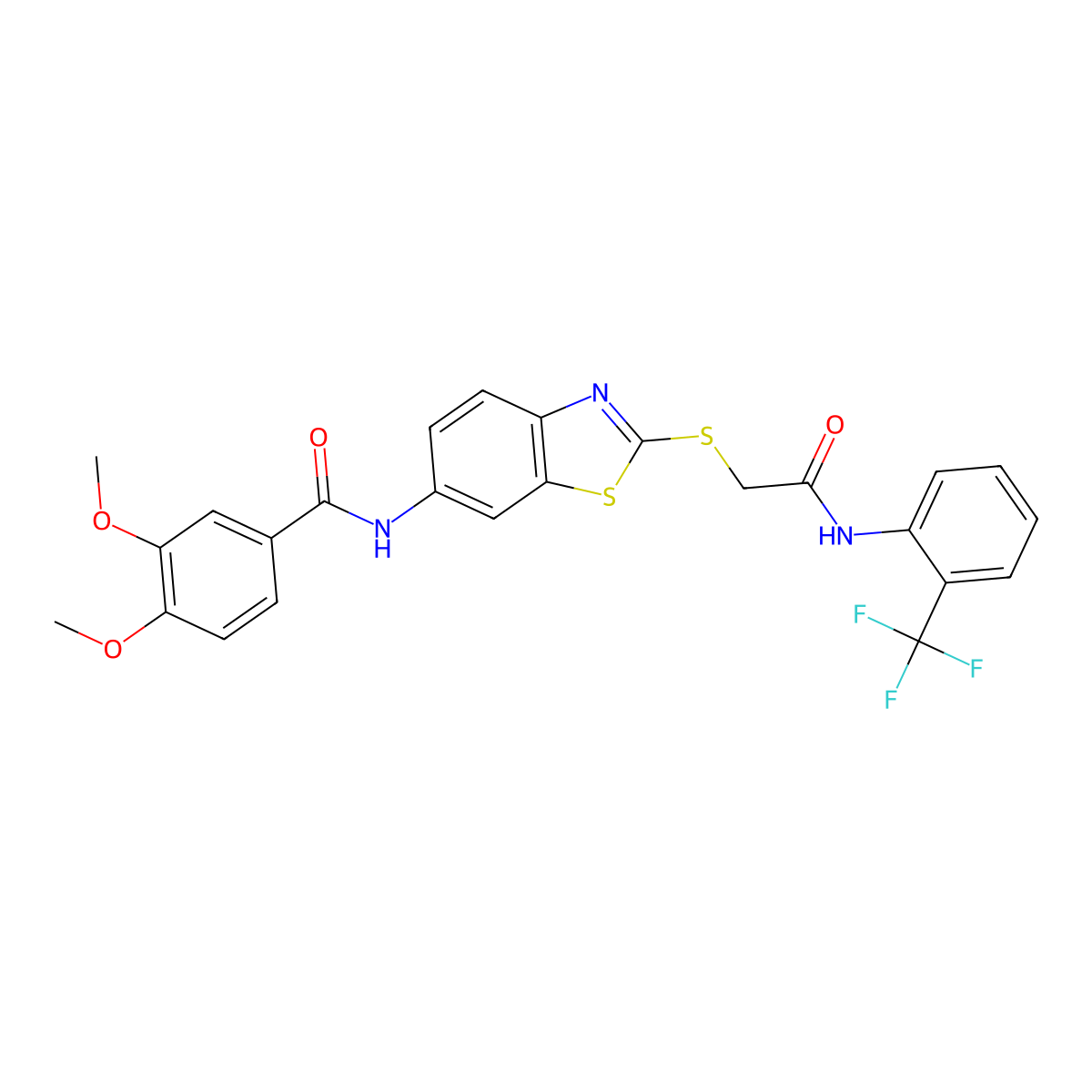 3,4-dimethoxy-N-[2-[2-oxo-2-[2-(trifluoromethyl)anilino]ethyl]sulfanyl-1,3-benzothiazol-6-yl]benzamide molecular structure, CAS 666210-55-5