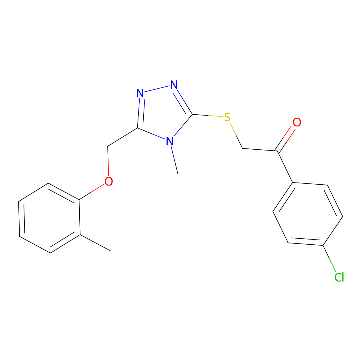 1-(4-chlorophenyl)-2-({4-methyl-5-[(2-methylphenoxy)methyl]-4H-1,2,4-triazol-3-yl}sulfanyl)ethanone molecular structure, CAS 666210-72-6