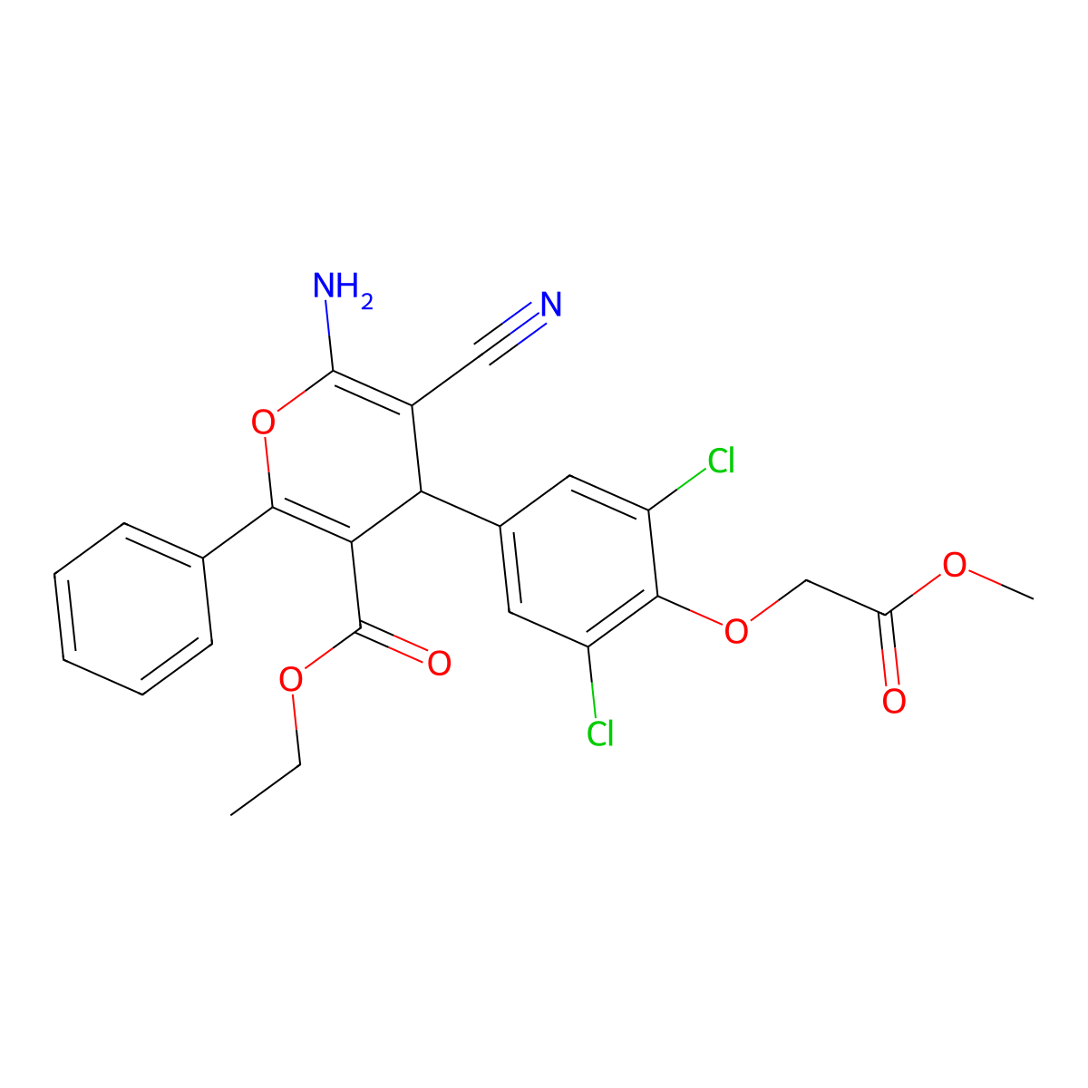 ethyl 6-amino-5-cyano-4-[3,5-dichloro-4-(2-methoxy-2-oxoethoxy)phenyl]-2-phenyl-4H-pyran-3-carboxylate molecular structure, CAS 666211-18-3