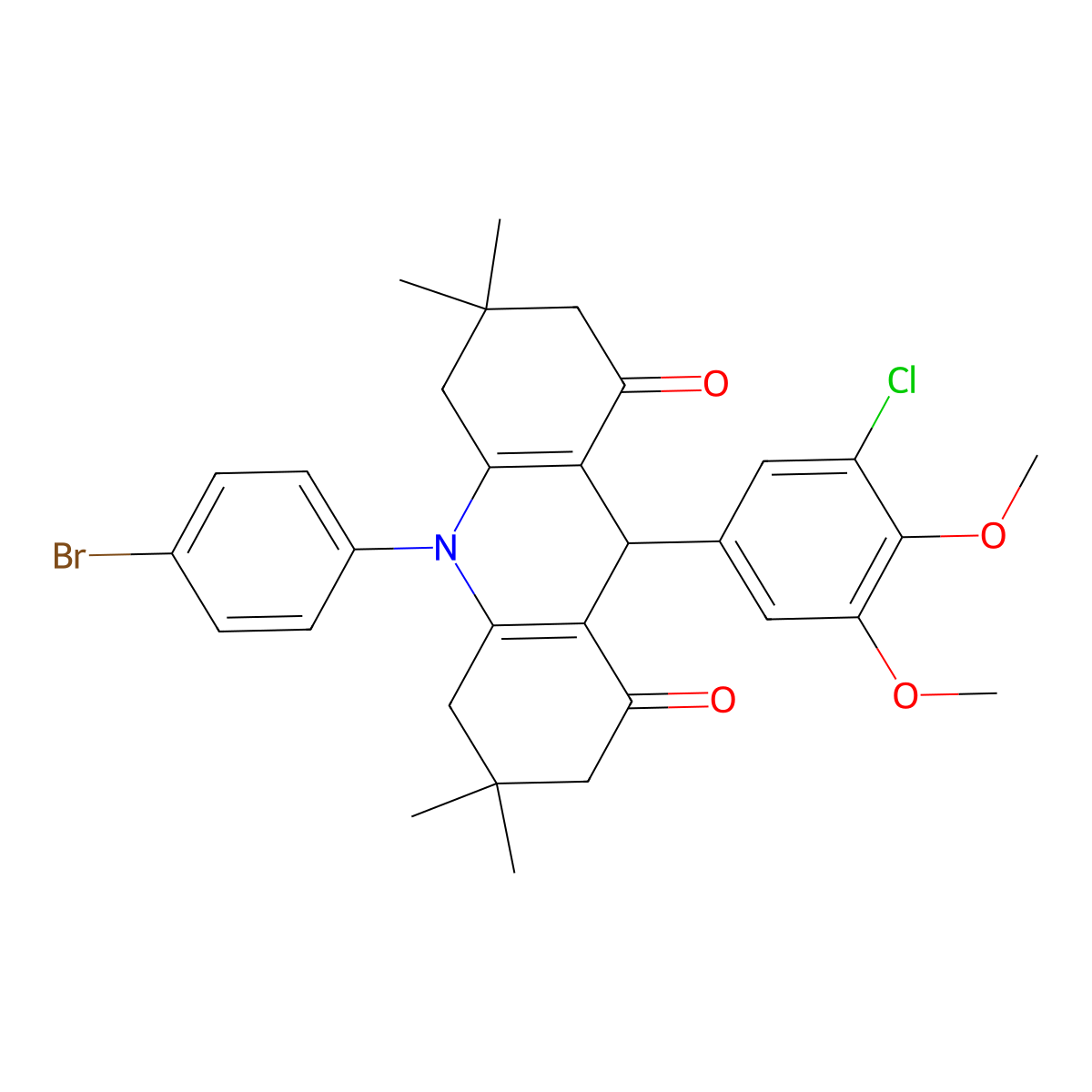 10-(4-bromophenyl)-9-(3-chloro-4,5-dimethoxyphenyl)-3,3,6,6-tetramethyl-3,4,6,7,9,10-hexahydro-1,8(2H,5H)-acridinedione molecular structure, CAS 666211-22-9