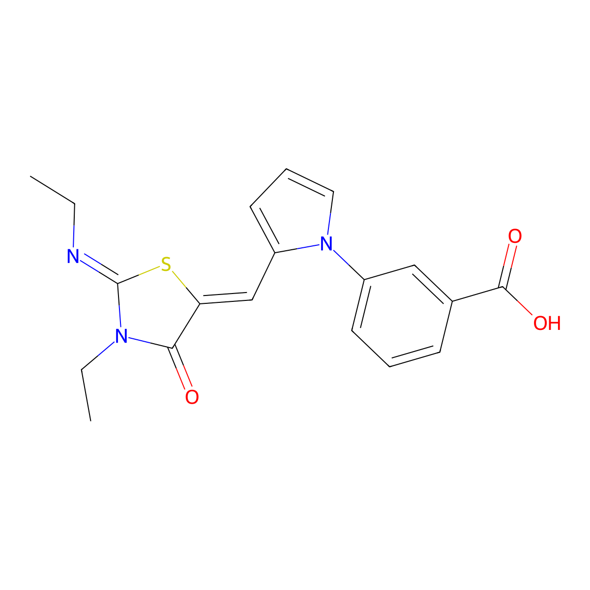 3-[2-[[3-Ethyl-2-(ethylimino)-4-oxo-5-thiazolidinylidene]methyl]-1H-pyrrol-1-yl]benzoic acid molecular structure, CAS 666211-31-0