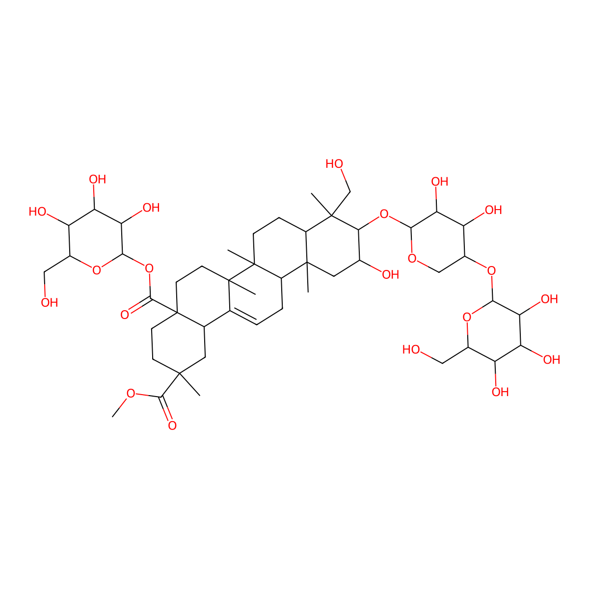 2-O-methyl 4a-O-[(2S,3R,4S,5S,6R)-3,4,5-trihydroxy-6-(hydroxymethyl)oxan-2-yl] (2S,4aR,6aR,6aS,6bR,8aR,9R,10R,11S,12aR,14bS)-10-[(2S,3R,4R,5R)-3,4-dihydroxy-5-[(2S,3R,4S,5S,6R)-3,4,5-trihydroxy-6-(hydroxymethyl)oxan-2-yl]oxyoxan-2-yl]oxy-11-hydroxy-9-(hydroxymethyl)-2,6a,6b,9,12a-pentamethyl-1,3,4,5,6,6a,7,8,8a,10,11,12,13,14b-tetradecahydropicene-2,4a-dicarboxylate molecular structure, CAS 66656-92-6