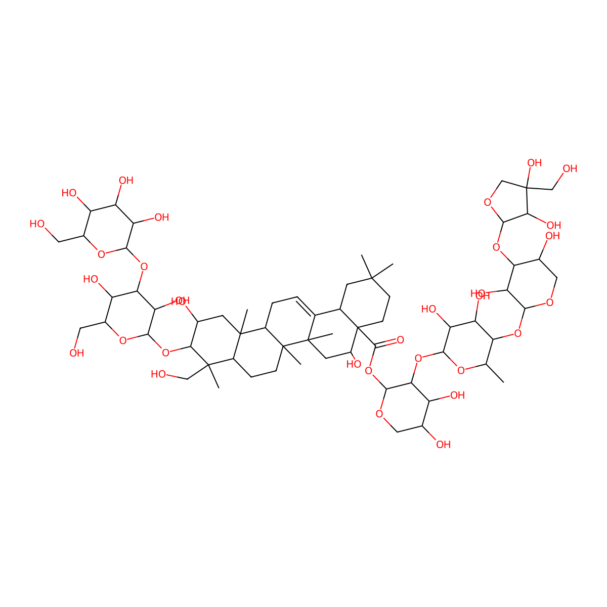 Olean-12-en-28-oic acid, 3-[(3-O-beta-D-glucopyranosyl-beta-D-glucopyranosyl)oxy]-2,16,23-trihydroxy-, O-D-apio-beta-D-furanosyl-(1-->3)-O-beta-D-xylopyranosyl-(1-->4)-O-6-deoxy-alpha-L-mannopyranosyl-(1-->2)-alpha-L-arabinopyranosyl ester, (2beta,3beta,4beta,16alpha)- molecular structure, CAS 66663-92-1