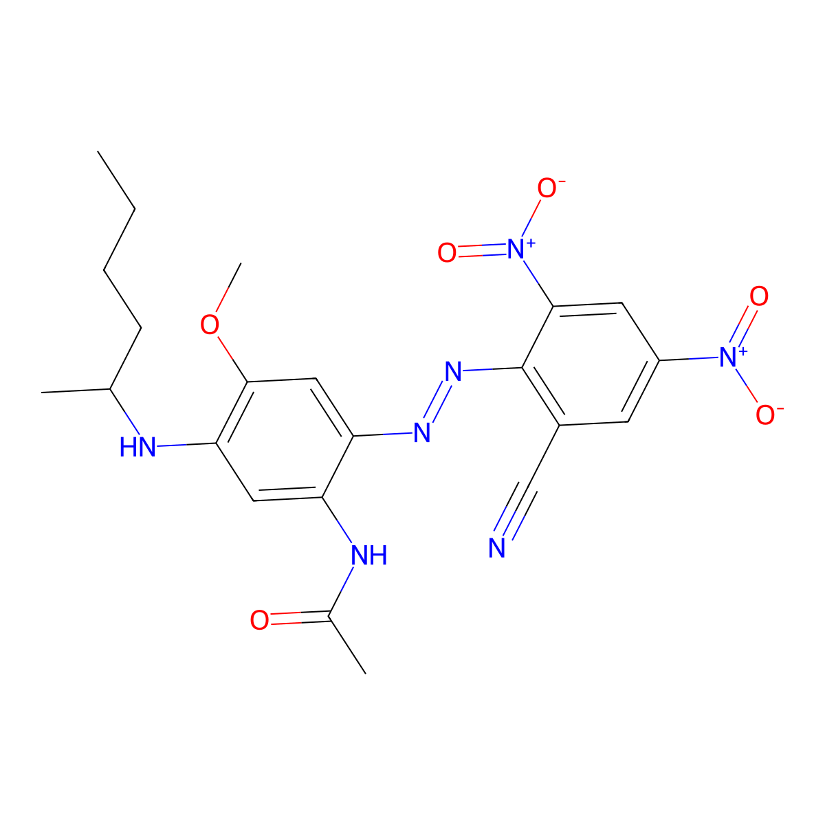 Acetamide, N-[2-[2-(2-cyano-4,6-dinitrophenyl)diazenyl]-4-methoxy-5-[(1-methylpentyl)amino]phenyl]- molecular structure, CAS 66671-91-8