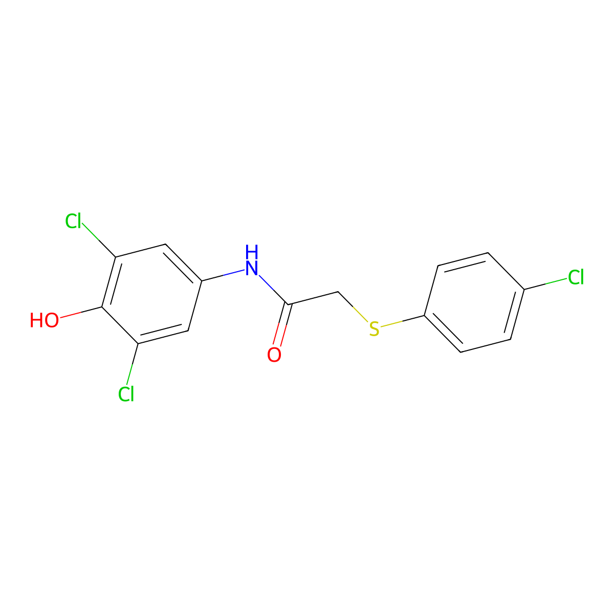 2-(4-chlorophenyl)sulfanyl-N-(3,5-dichloro-4-hydroxyphenyl)acetamide molecular structure, CAS 666711-31-5