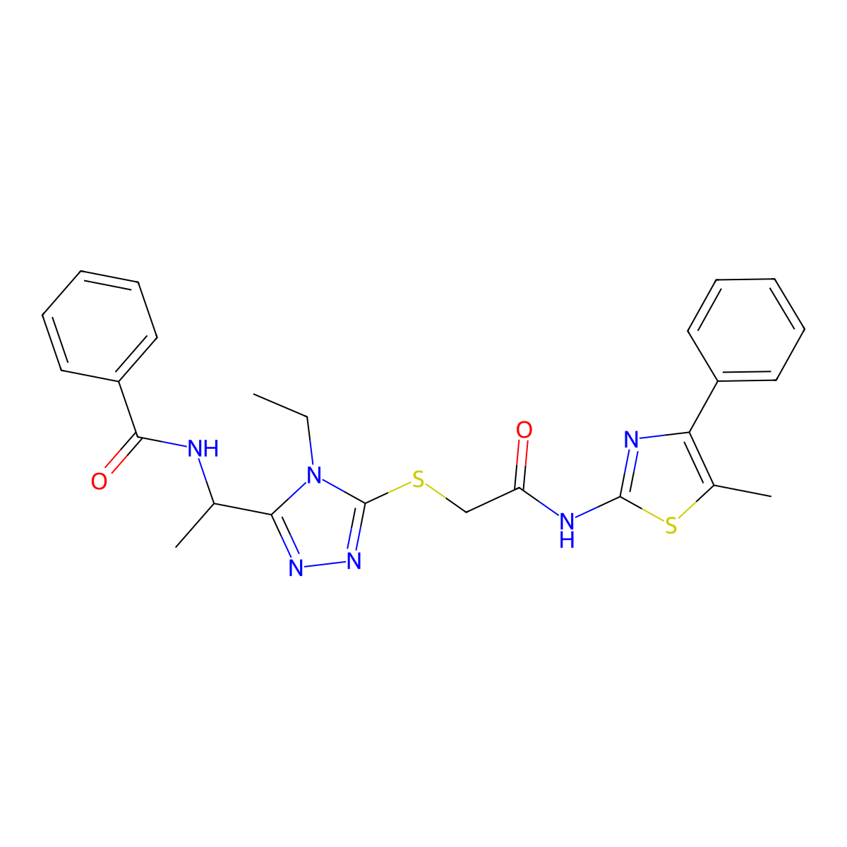 N-{1-[4-ethyl-5-({2-[(5-methyl-4-phenyl-1,3-thiazol-2-yl)amino]-2-oxoethyl}sulfanyl)-4H-1,2,4-triazol-3-yl]ethyl}benzamide molecular structure, CAS 666712-97-6