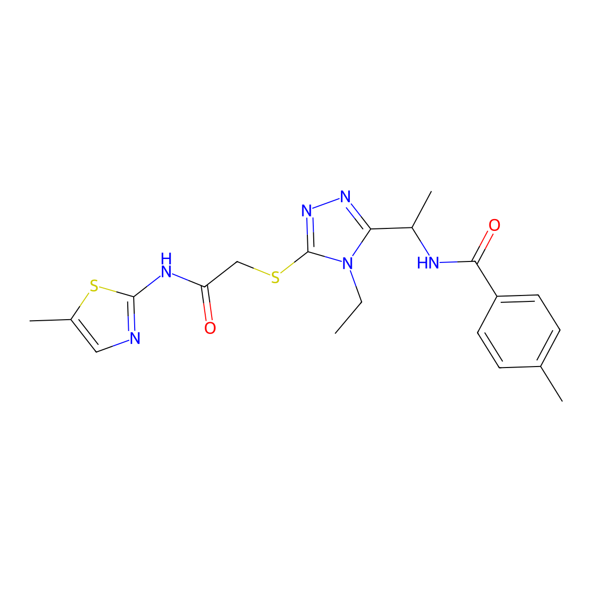 N-[1-[4-ethyl-5-[2-[(5-methyl-1,3-thiazol-2-yl)amino]-2-oxoethyl]sulfanyl-1,2,4-triazol-3-yl]ethyl]-4-methylbenzamide molecular structure, CAS 666713-03-7