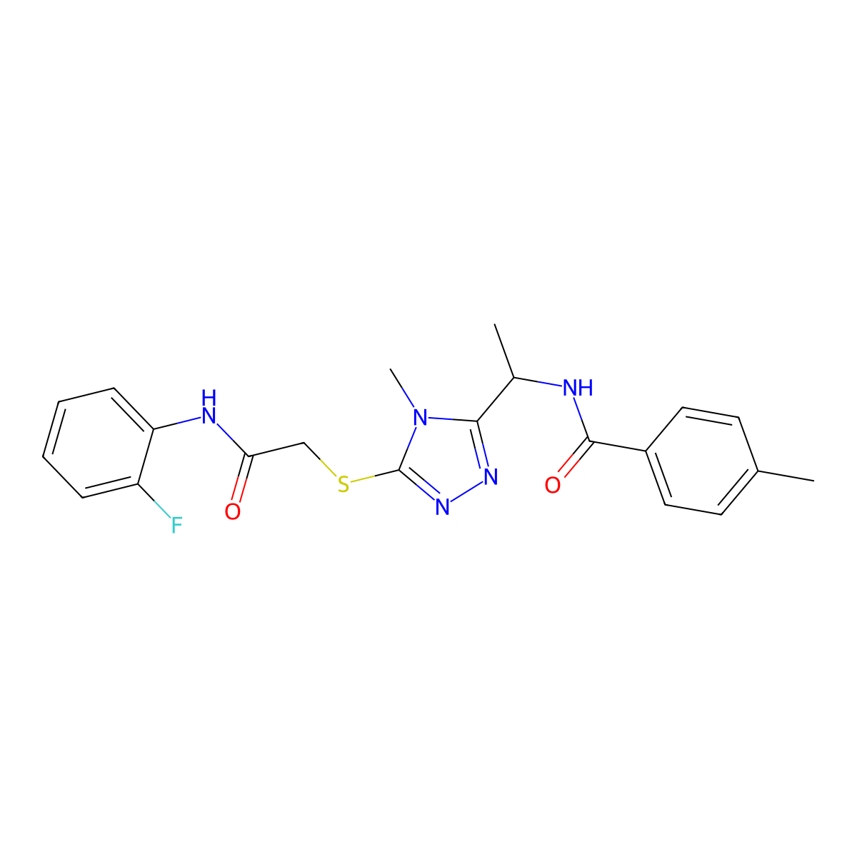 N-[1-[5-[2-(2-fluoroanilino)-2-oxoethyl]sulfanyl-4-methyl-1,2,4-triazol-3-yl]ethyl]-4-methylbenzamide molecular structure, CAS 666713-35-5