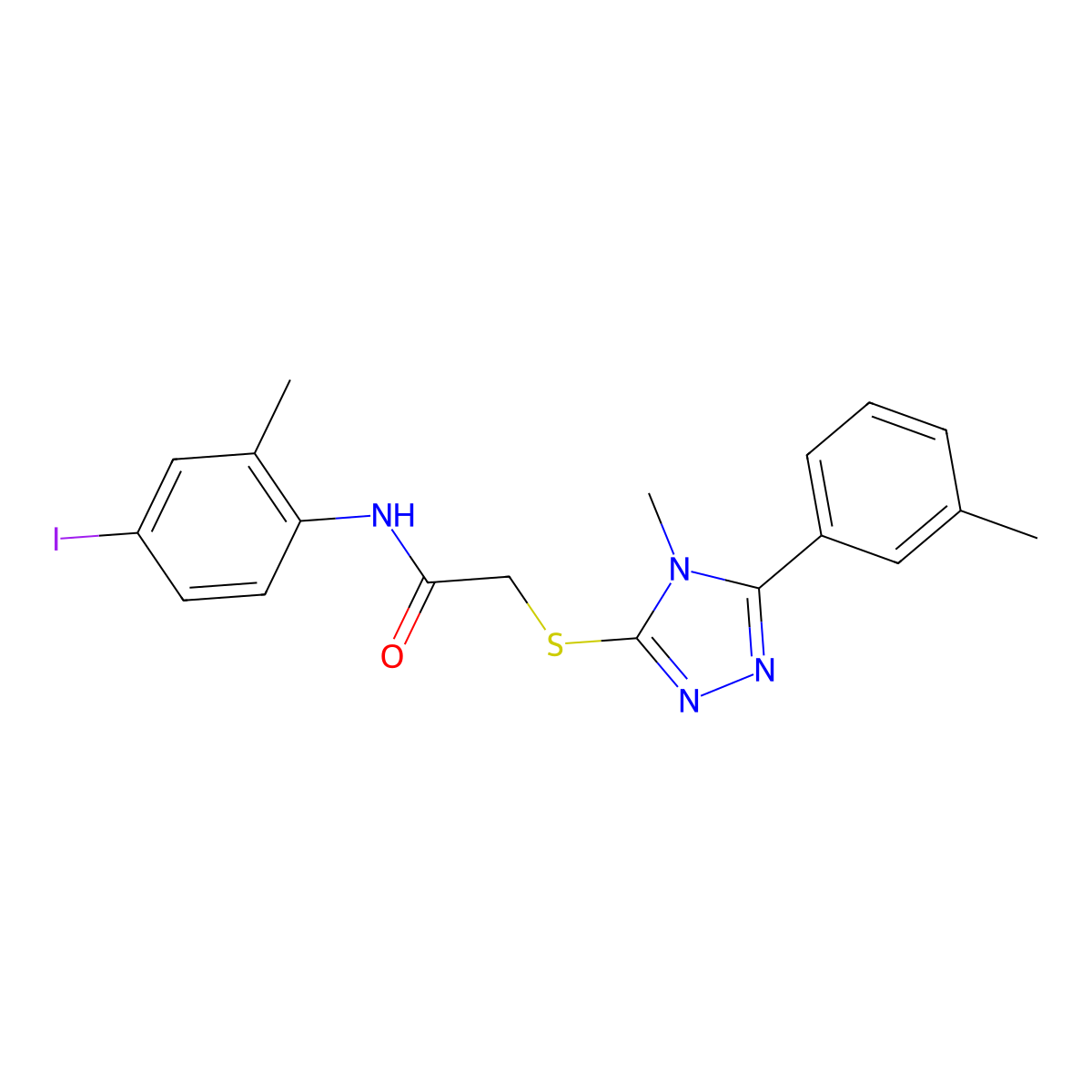 N-(4-iodo-2-methylphenyl)-2-{[4-methyl-5-(3-methylphenyl)-4H-1,2,4-triazol-3-yl]sulfanyl}acetamide molecular structure, CAS 666713-39-9