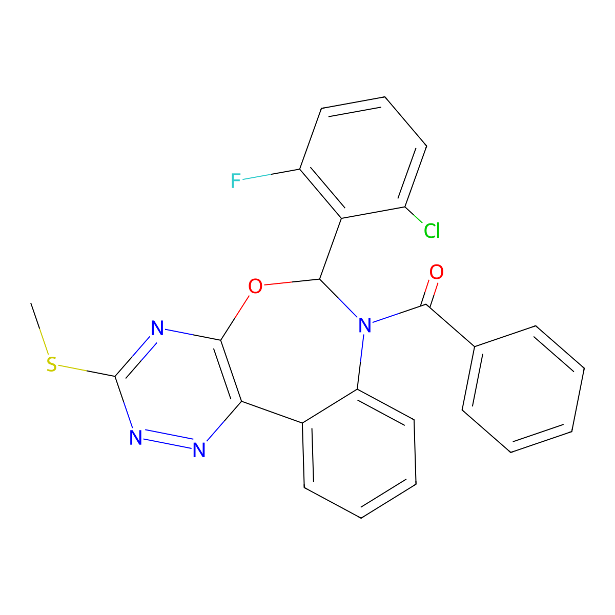 7-Benzoyl-6-(2-chloro-6-fluorophenyl)-6,7-dihydro[1,2,4]triazino[5,6-d][3,1]benzoxazepin-3-yl methyl sulfide molecular structure, CAS 666818-42-4