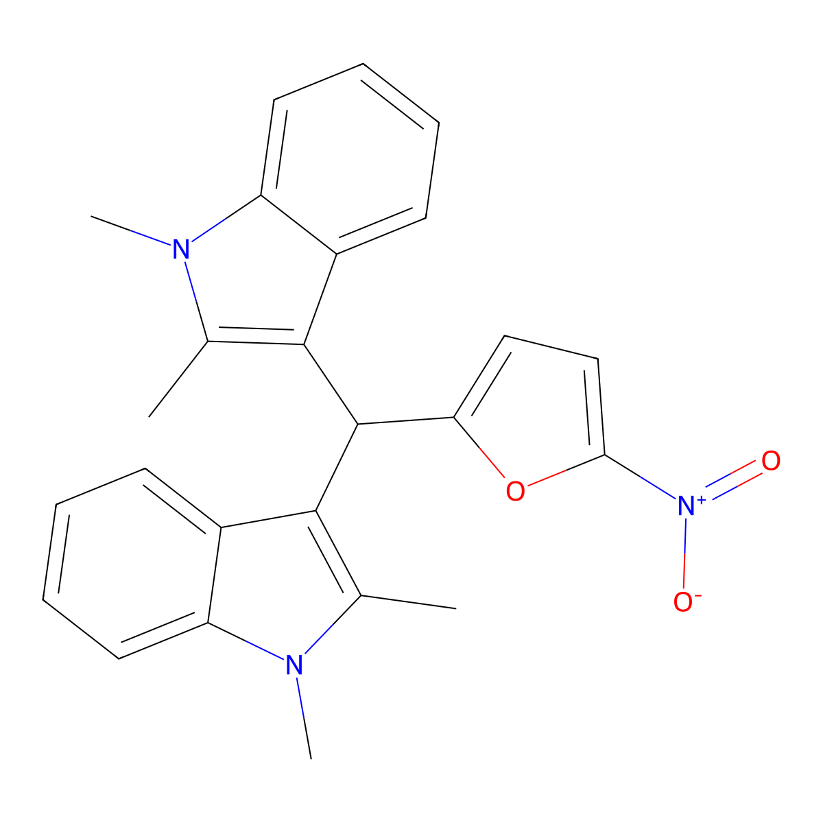 3-((1,2-dimethyl-1H-indol-3-yl){5-nitro-2-furyl}methyl)-1,2-dimethyl-1H-indole molecular structure, CAS 666818-65-1