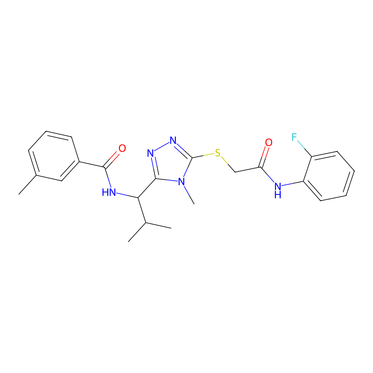 N-[1-[5-[2-(2-fluoroanilino)-2-oxoethyl]sulfanyl-4-methyl-1,2,4-triazol-3-yl]-2-methylpropyl]-3-methylbenzamide molecular structure, CAS 666821-21-2