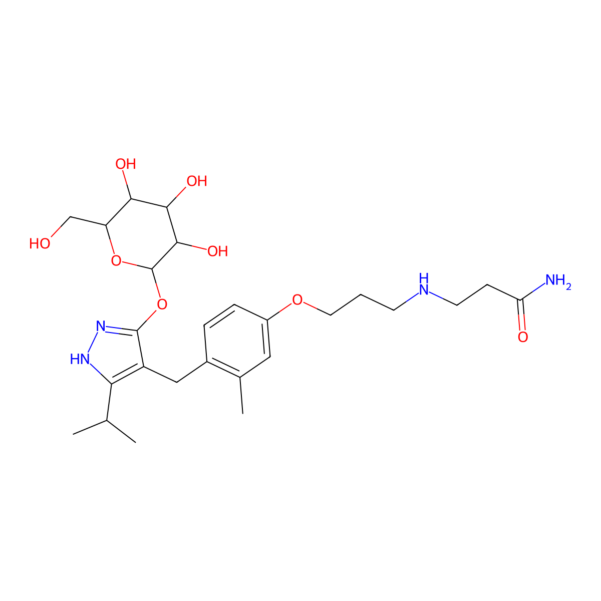 3-(3-(4-(3-(beta-D-glucopyranosyloxy)-5-isopropyl-1H-pyrazol-4-ylmethyl)-3-methylphenoxy)propylamino)propionamide molecular structure, CAS 666842-36-0