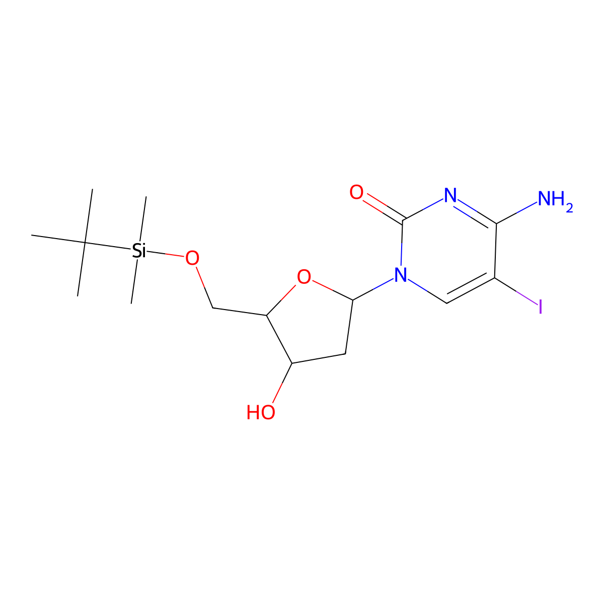 4-Amino-1-((2R,4S,5R)-5-(((tert-butyldimethylsilyl)oxy)methyl)-4-hydroxytetrahydrofuran-2-yl)-5-iodopyrimidin-2(1H)-one molecular structure, CAS 666848-11-9