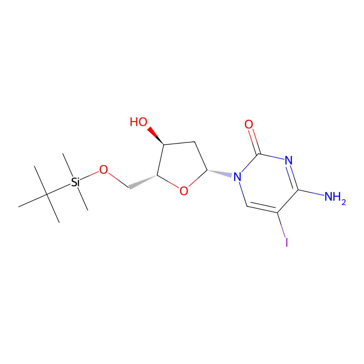 4-Amino-1-((2R,4S,5R)-5-(((tert-butyldimethylsilyl)oxy)methyl)-4-hydroxytetrahydrofuran-2-yl)-5-iodopyrimidin-2(1H)-one molecular structure, CAS 666848-11-9