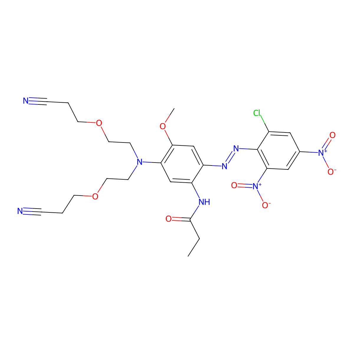 Propanamide, N-(5-(bis(2-(2-cyanoethoxy)ethyl)amino)-2-(2-(2-chloro-4,6-dinitrophenyl)diazenyl)-4-methoxyphenyl)- molecular structure, CAS 66693-26-3