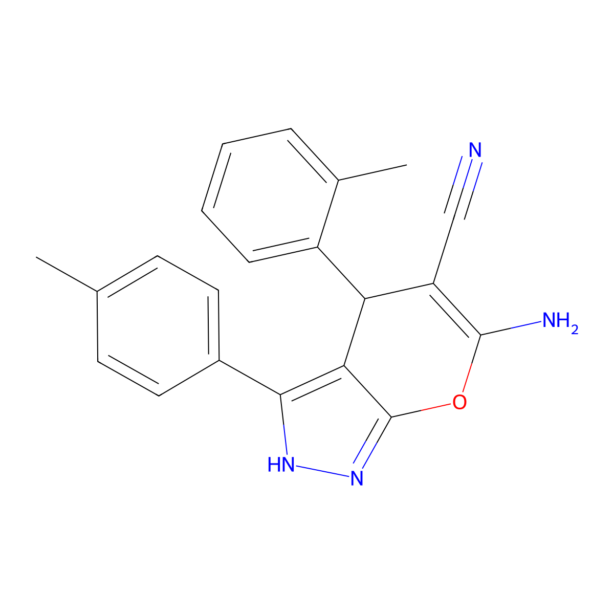6-Amino-4-(2-methylphenyl)-3-(4-methylphenyl)-1,4-dihydropyrano[2,3-c]pyrazole-5-carbonitrile molecular structure, CAS 667404-53-7