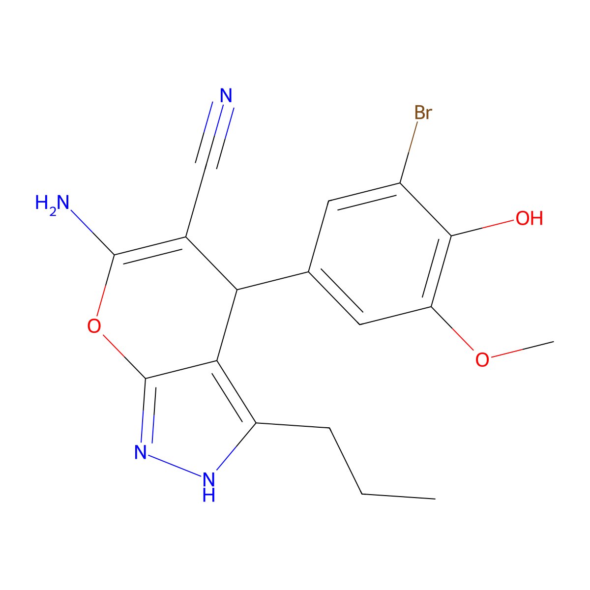 6-amino-4-(3-bromo-4-hydroxy-5-methoxyphenyl)-3-propyl-1H,4H-pyrano[2,3-c]pyrazole-5-carbonitrile molecular structure, CAS 667404-58-2