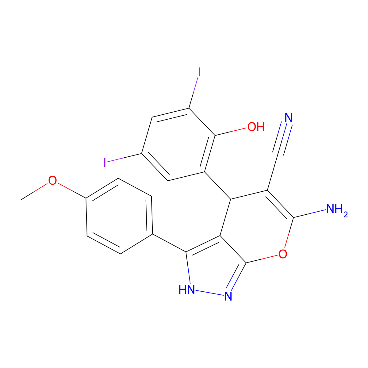 6-Amino-4-(2-hydroxy-3,5-diiodophenyl)-3-(4-methoxyphenyl)-1,4-dihydropyrano[2,3-c]pyrazole-5-carbonitrile molecular structure, CAS 667404-62-8