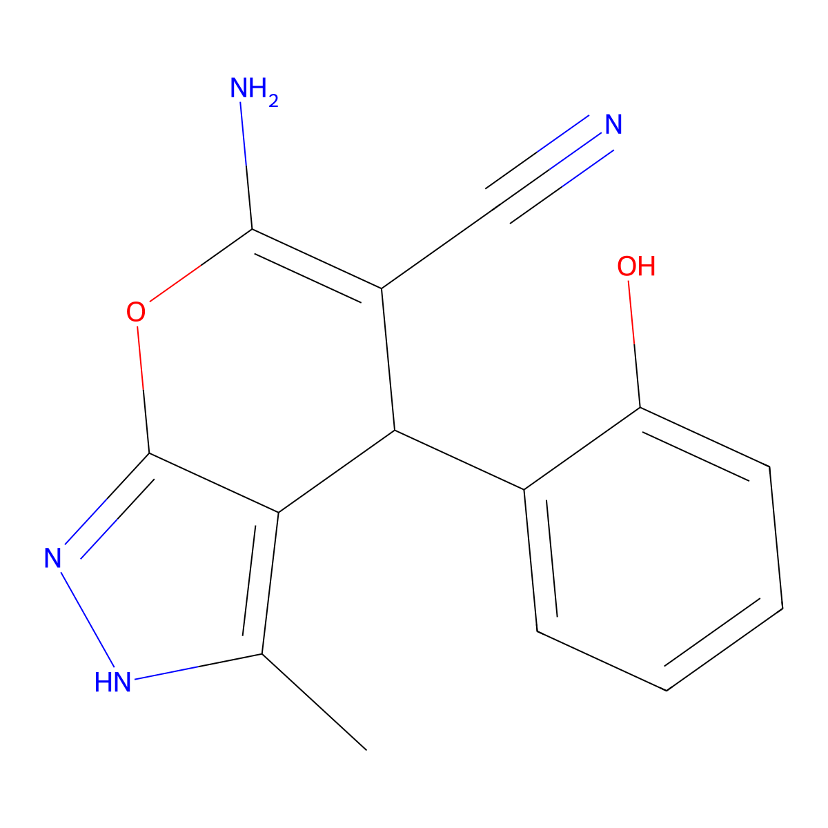 6-Amino-4-(2-hydroxyphenyl)-3-methyl-1,4-dihydropyrano[2,3-c]pyrazole-5-carbonitrile molecular structure, CAS 667404-65-1