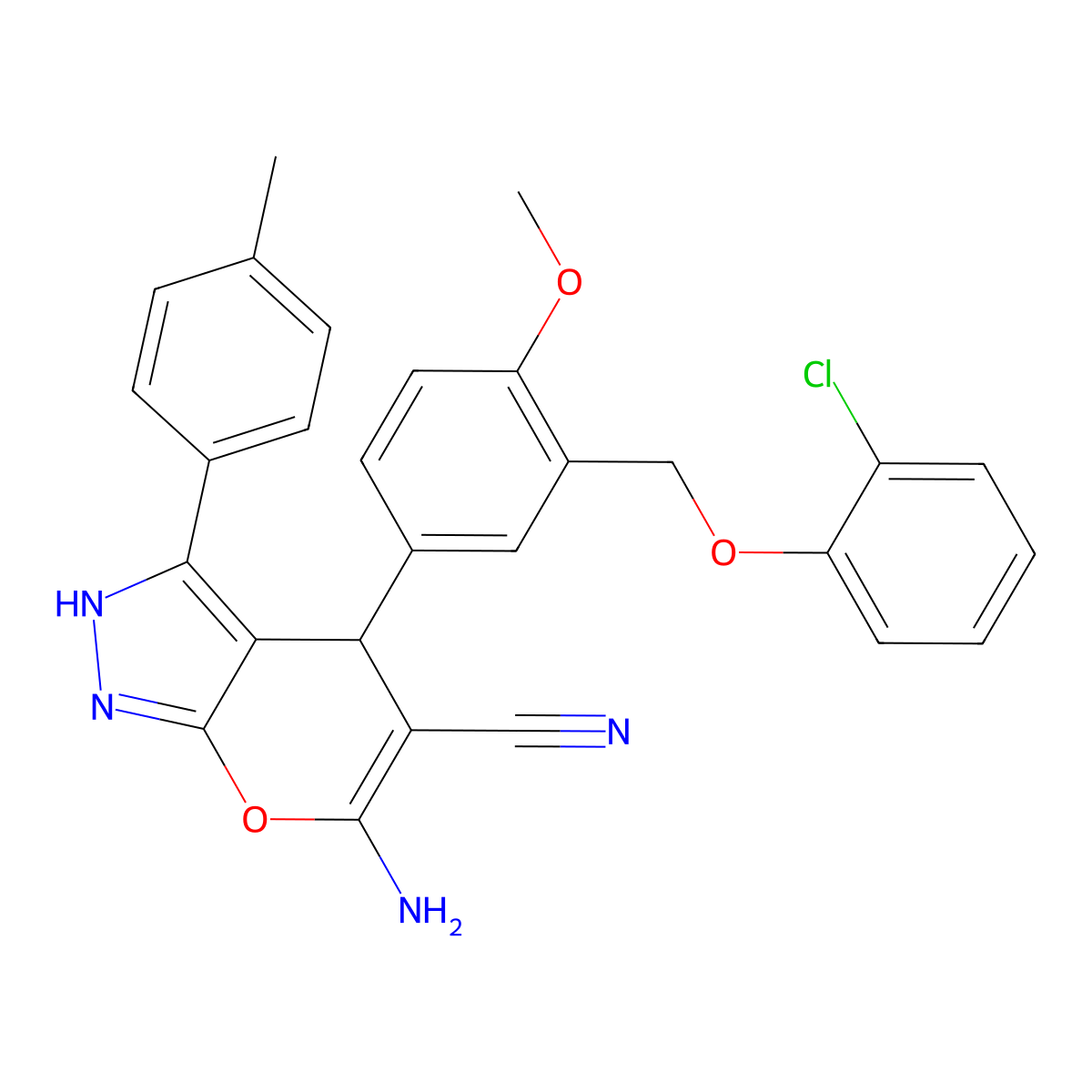 6-Amino-4-[3-[(2-chlorophenoxy)methyl]-4-methoxyphenyl]-3-(4-methylphenyl)-2,4-dihydropyrano[2,3-c]pyrazole-5-carbonitrile molecular structure, CAS 667404-67-3