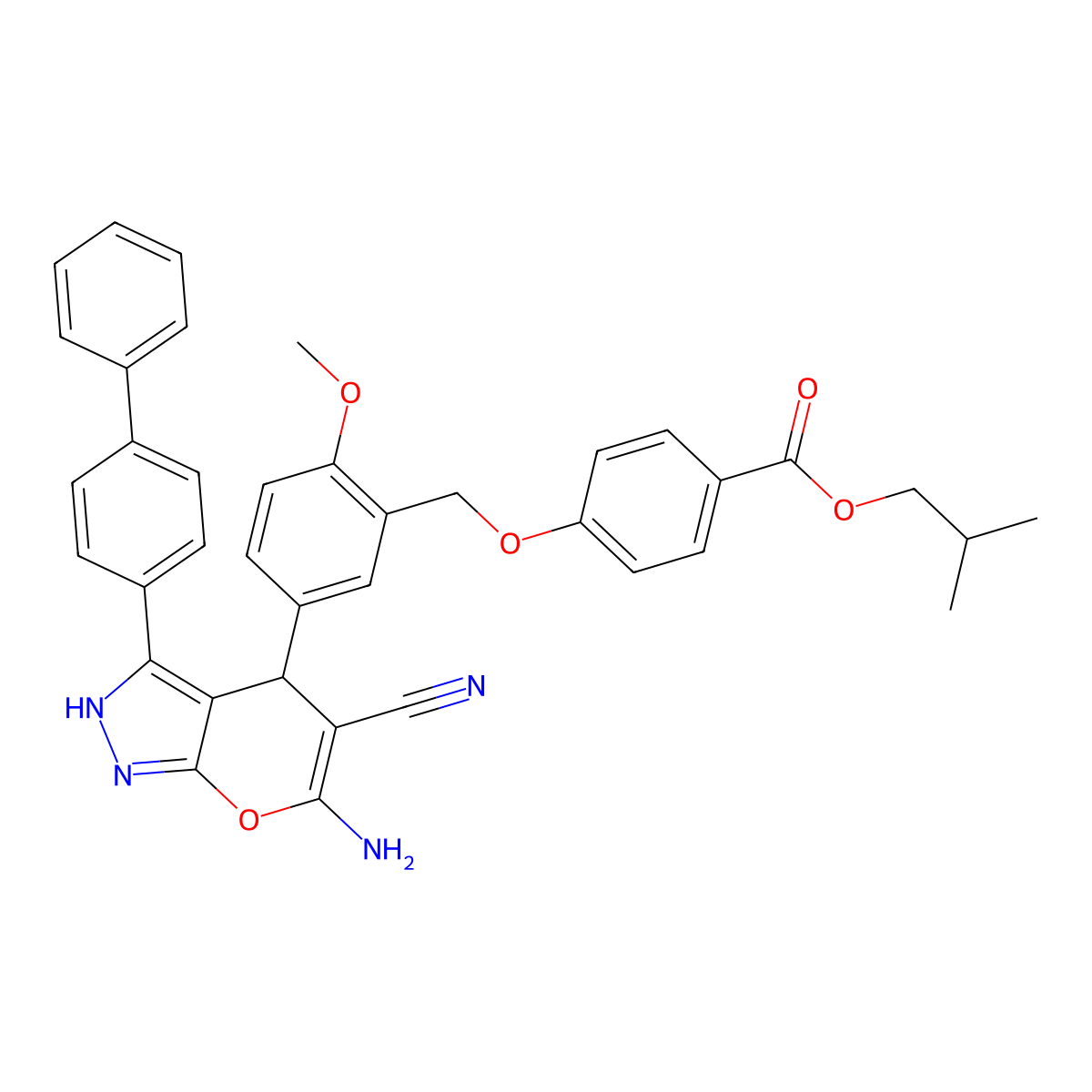 2-Methylpropyl 4-[[5-[6-amino-5-cyano-3-(4-phenylphenyl)-2,4-dihydropyrano[2,3-c]pyrazol-4-yl]-2-methoxyphenyl]methoxy]benzoate molecular structure, CAS 667404-78-6