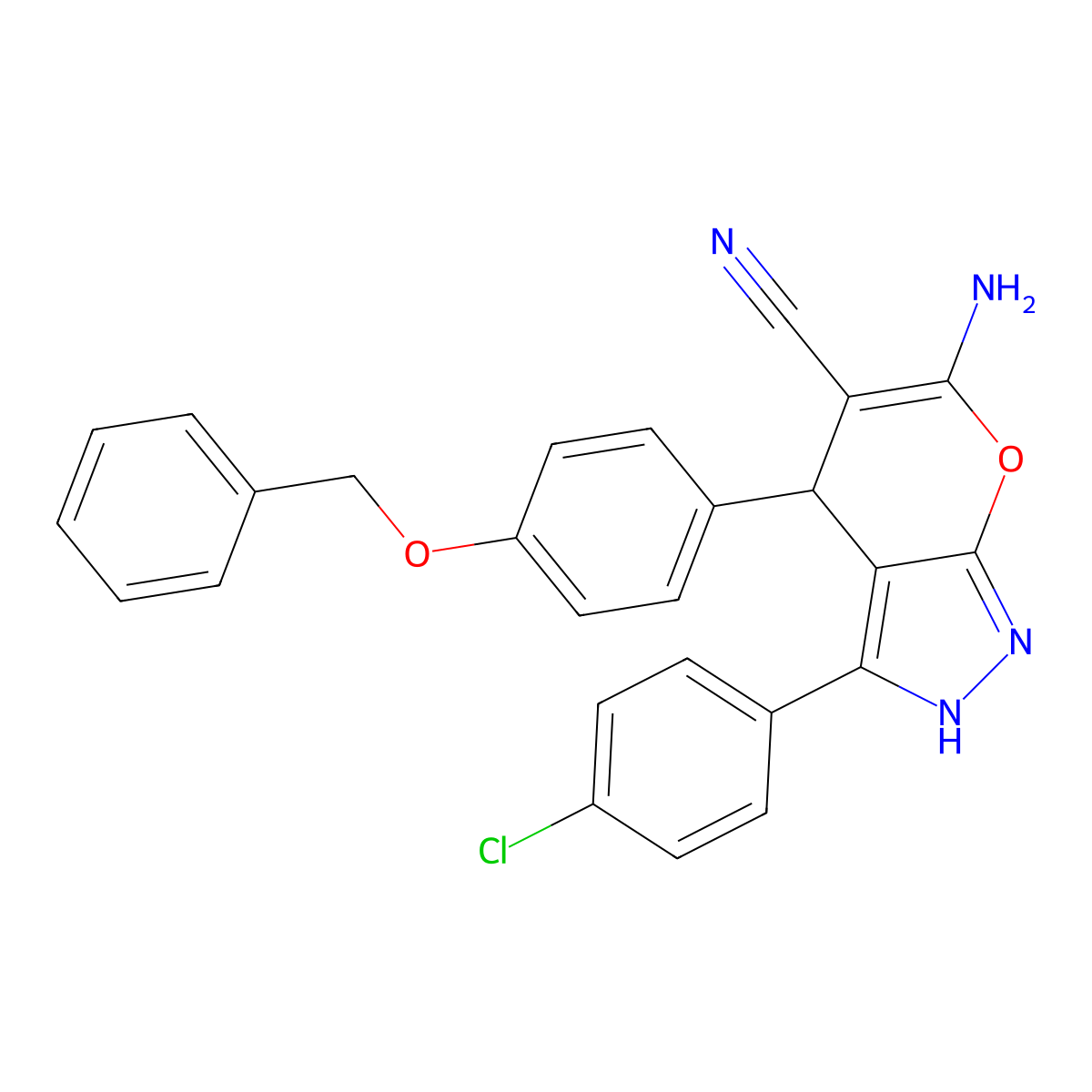 6-Amino-3-(4-chlorophenyl)-4-(4-phenylmethoxyphenyl)-2,4-dihydropyrano[2,3-c]pyrazole-5-carbonitrile molecular structure, CAS 667405-10-9
