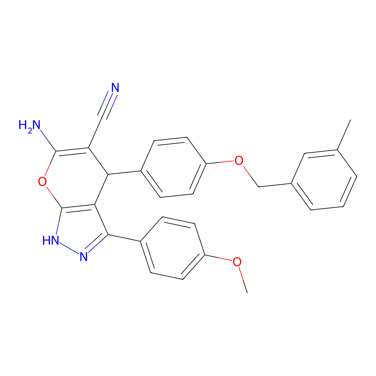 6-Amino-3-(4-methoxyphenyl)-4-[4-[(3-methylphenyl)methoxy]phenyl]-2,4-dihydropyrano[2,3-c]pyrazole-5-carbonitrile molecular structure, CAS 667405-14-3