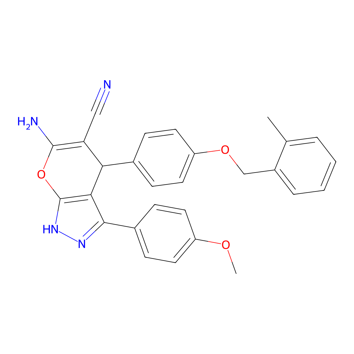 6-Amino-3-(4-methoxyphenyl)-4-{4-[(2-methylbenzyl)oxy]phenyl}-1,4-dihydropyrano[2,3-c]pyrazole-5-carbonitrile molecular structure, CAS 667405-15-4