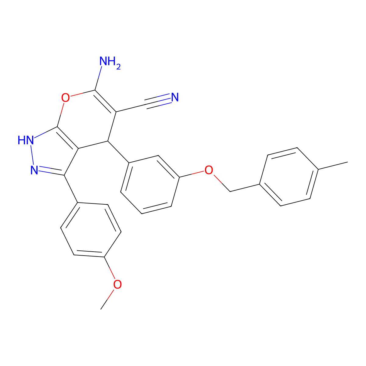 6-Amino-3-(4-methoxyphenyl)-4-{3-[(4-methylbenzyl)oxy]phenyl}-1,4-dihydropyrano[2,3-c]pyrazole-5-carbonitrile molecular structure, CAS 667405-22-3