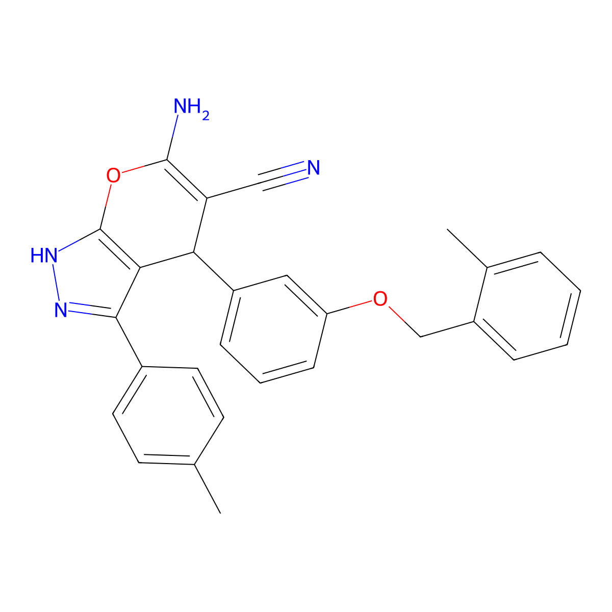 6-Amino-3-(4-methylphenyl)-4-[3-[(2-methylphenyl)methoxy]phenyl]-2,4-dihydropyrano[2,3-c]pyrazole-5-carbonitrile molecular structure, CAS 667405-25-6