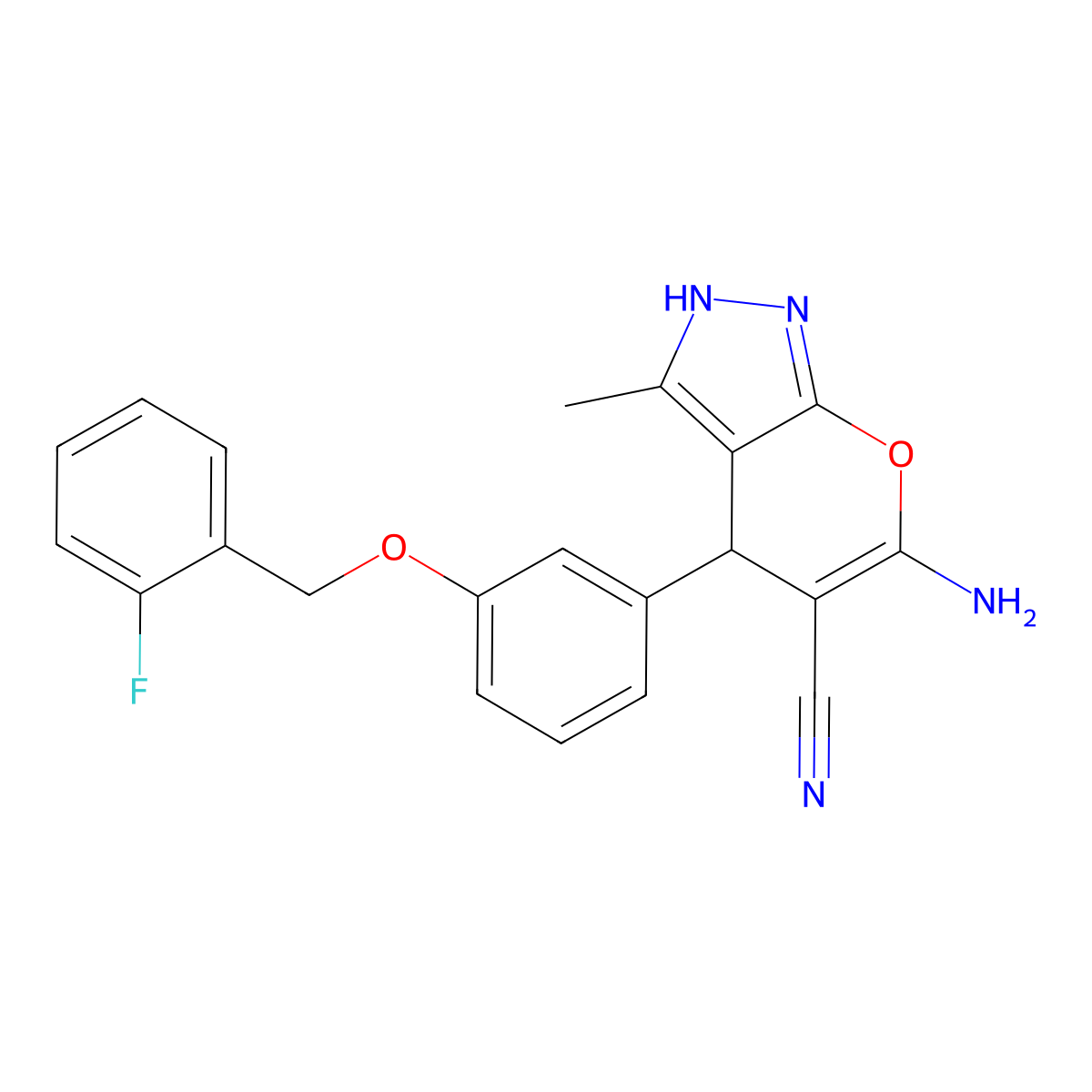 6-Amino-4-[3-(2-fluoro-benzyloxy)-phenyl]-3-methyl-1,4-dihydro-pyrano[2,3-c]pyrazole-5-carbonitrile molecular structure, CAS 667405-33-6
