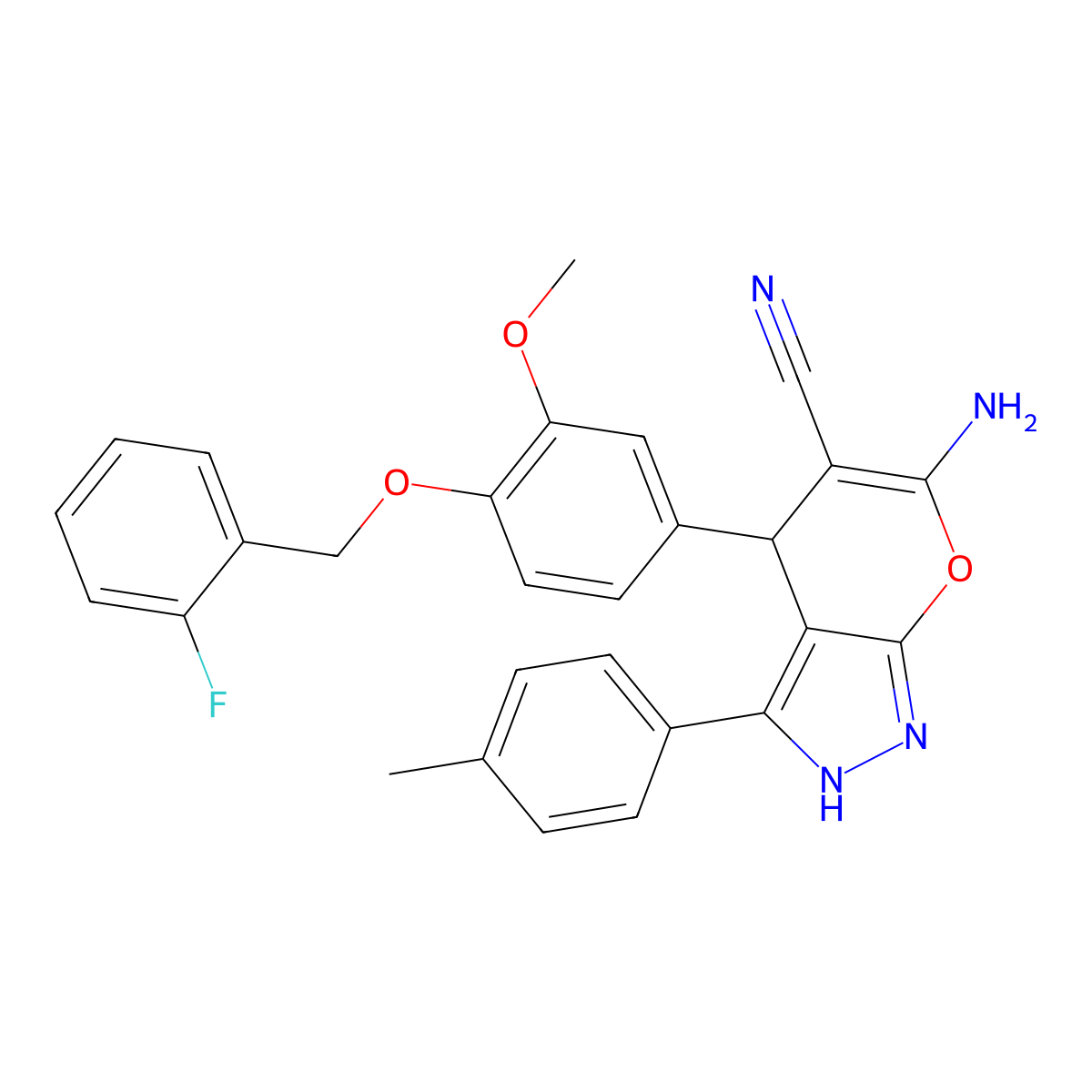 6-Amino-4-{4-[(2-fluorobenzyl)oxy]-3-methoxyphenyl}-3-(4-methylphenyl)-1,4-dihydropyrano[2,3-c]pyrazole-5-carbonitrile molecular structure, CAS 667405-40-5