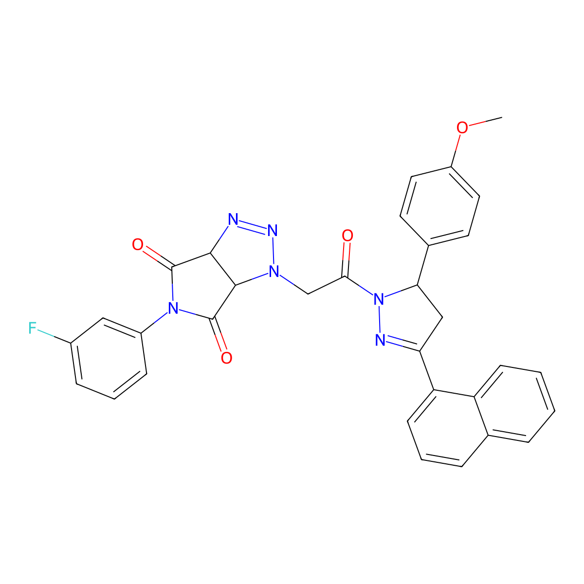 5-(3-Fluorophenyl)-3-[2-[3-(4-methoxyphenyl)-5-naphthalen-1-yl-3,4-dihydropyrazol-2-yl]-2-oxoethyl]-3a,6a-dihydropyrrolo[3,4-d]triazole-4,6-dione molecular structure, CAS 667406-72-6