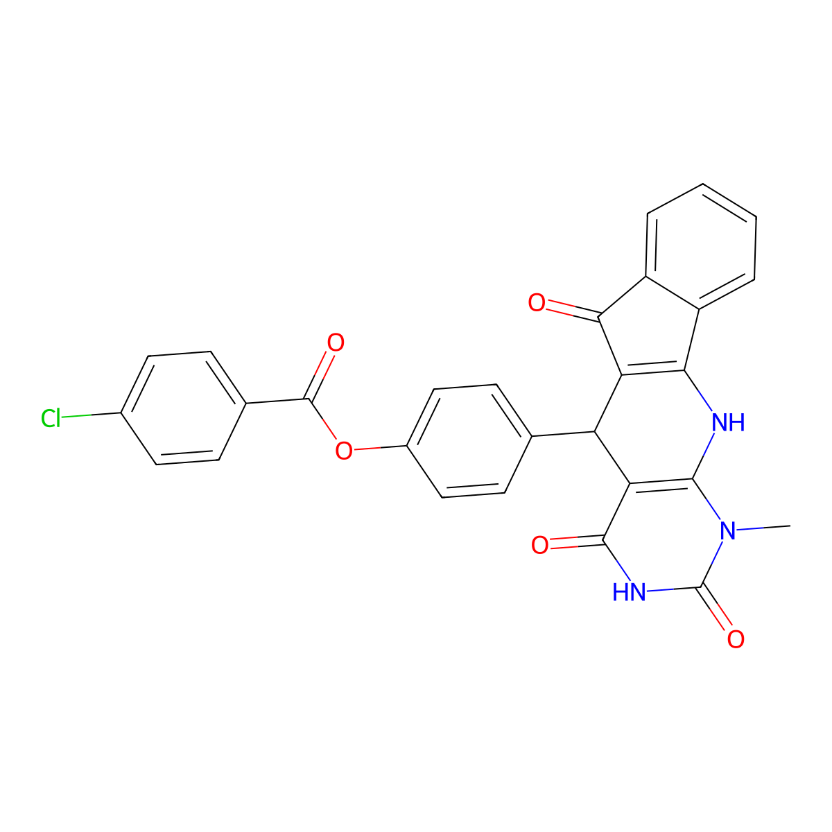 4-(1-methyl-2,4,6-trioxo-2,3,4,5,6,11-hexahydro-1H-indeno[2',1':5,6]pyrido[2,3-d]pyrimidin-5-yl)phenyl 4-chlorobenzoate molecular structure, CAS 667408-81-3