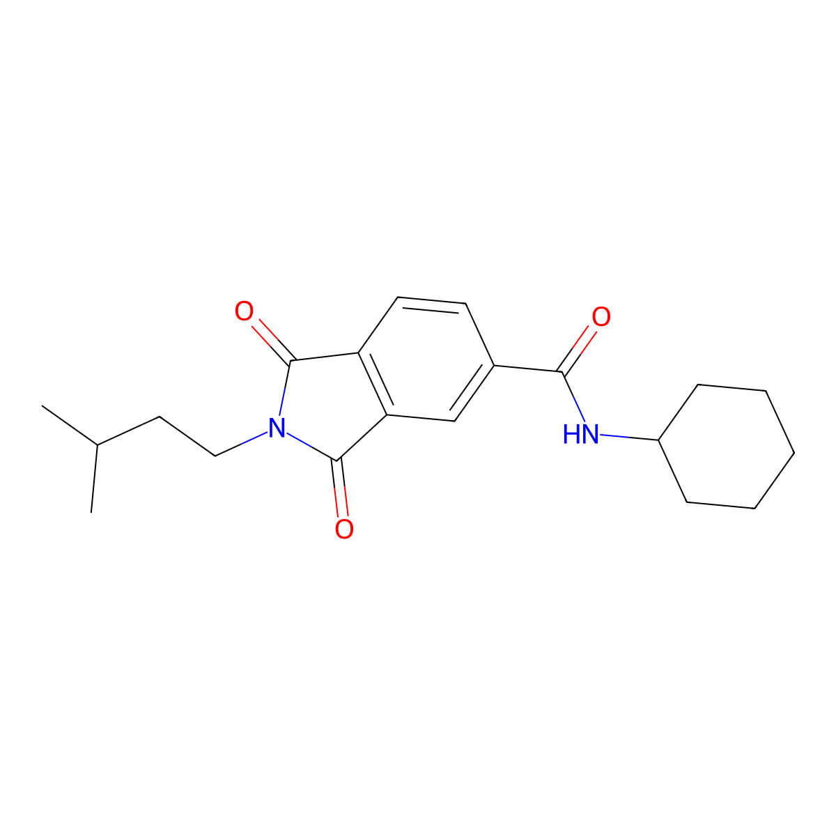 N-cyclohexyl-2-(3-methylbutyl)-1,3-dioxoisoindole-5-carboxamide molecular structure, CAS 667409-61-2