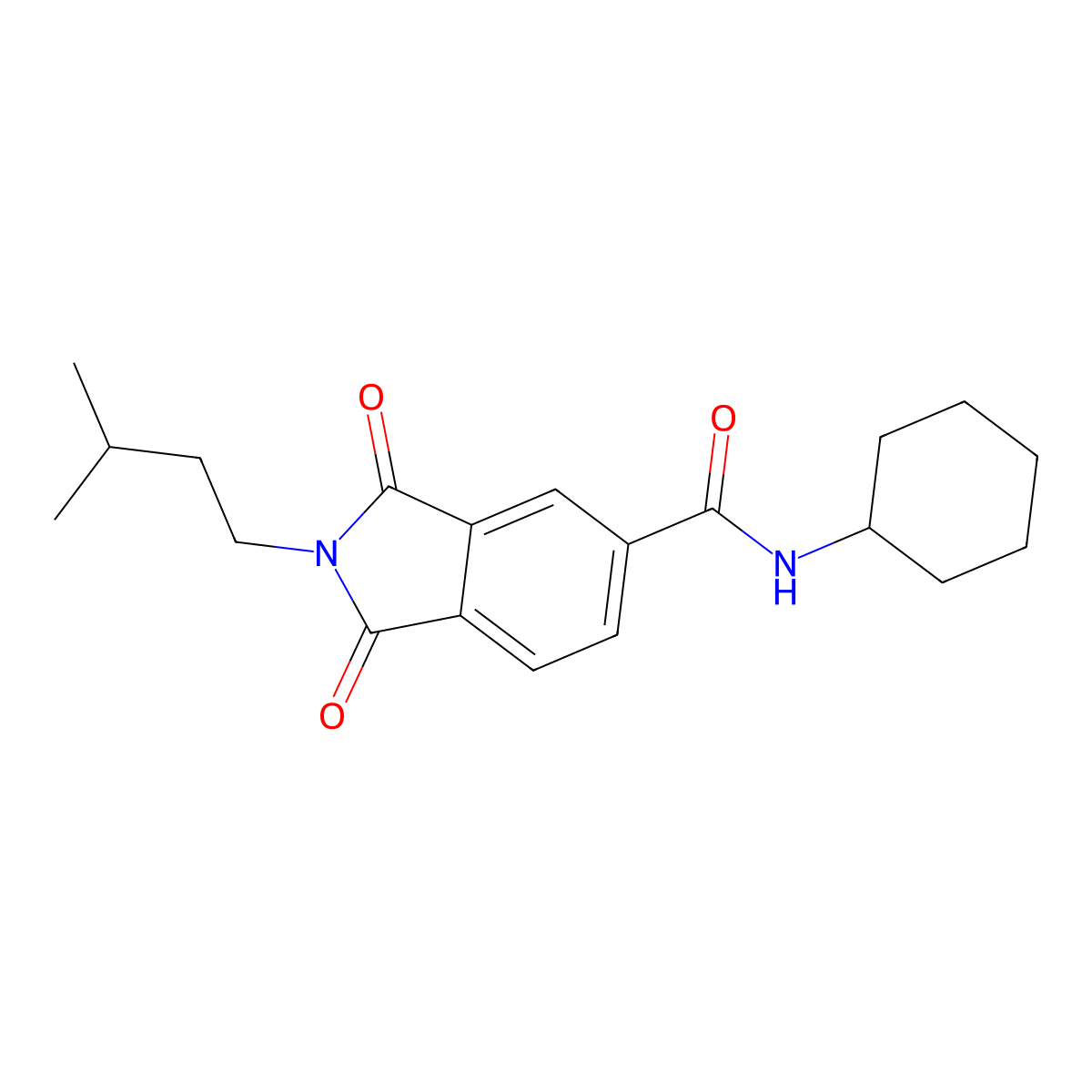 N-cyclohexyl-2-(3-methylbutyl)-1,3-dioxoisoindole-5-carboxamide molecular structure, CAS 667409-61-2