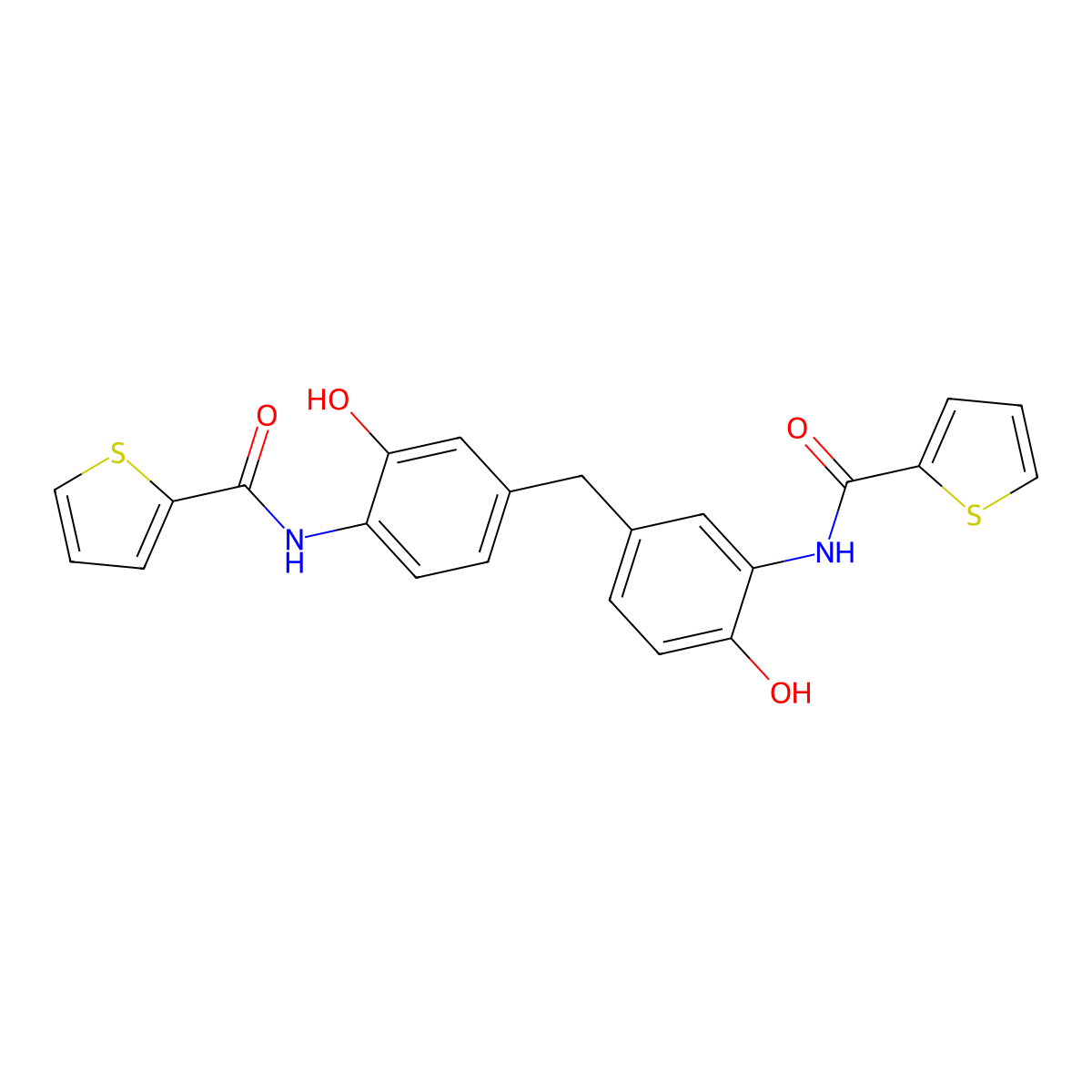 N-[2-hydroxy-4-[[4-hydroxy-3-(thiophene-2-carbonylamino)phenyl]methyl]phenyl]thiophene-2-carboxamide molecular structure, CAS 667410-28-8